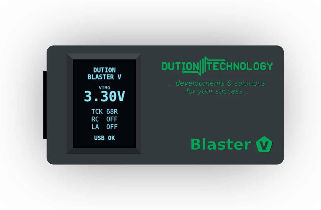 Dution-Blaster V: Draufsicht mit Anzeige und Logo