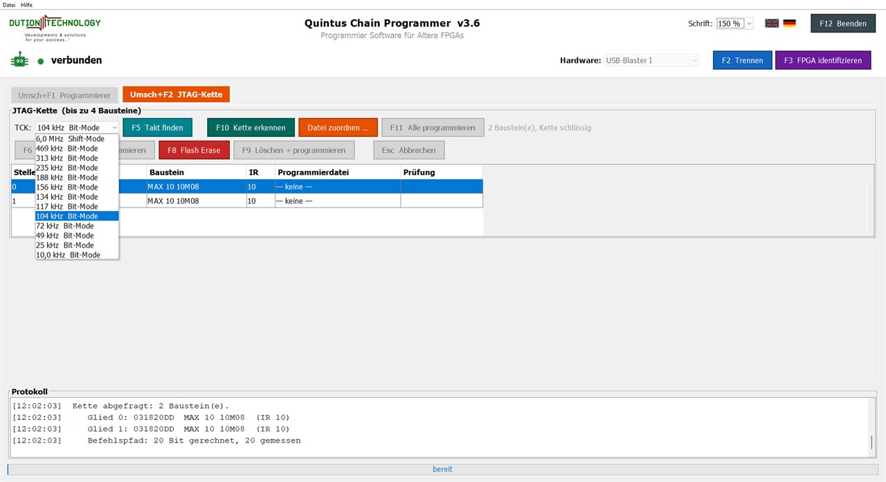 Auswahl der Programmierfrequenz in Quintus Programmer