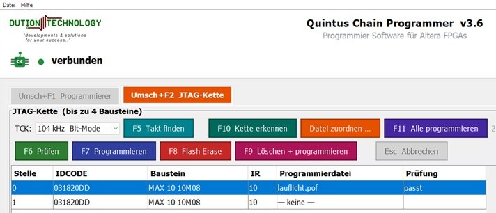 Quintus Programmer verbunden mit einer JTAG-Chain aus zwei FPGAs, Programmierdatei zugeordnet und geprüft